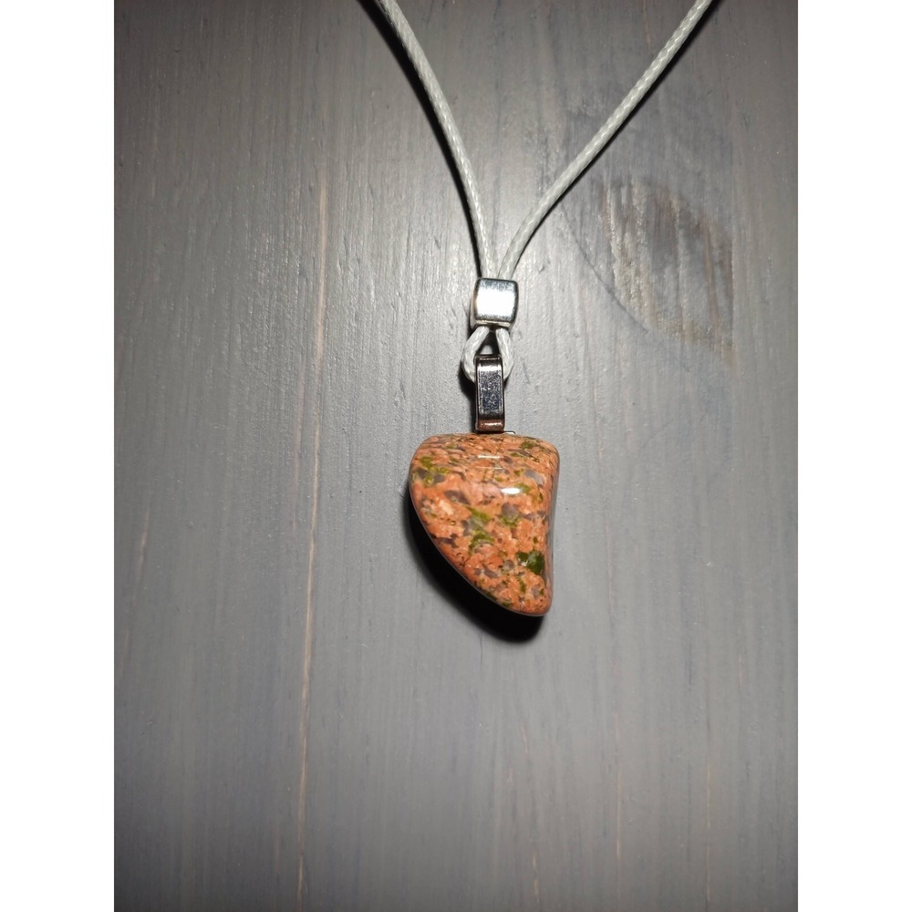 Unakite Stone Pendant‎ Necklace White Waxed Cord 16.5in Adjustable Break Away